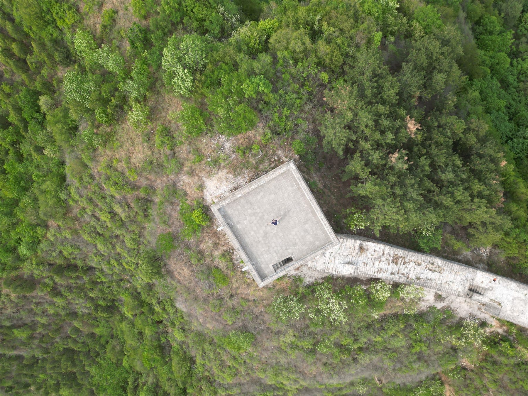 Aerial view of a Great Wall watchtower and mountain